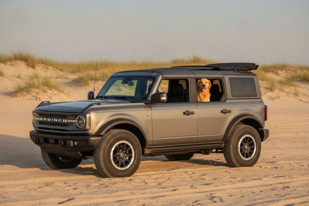 Golden retriever riding in a Ford Bronco on the beach
