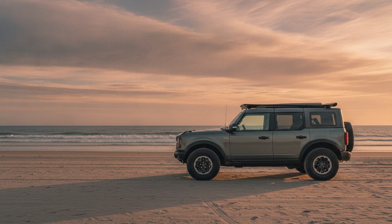 Ford Bronco on the sand at the Outer Banks waterline at golden hour