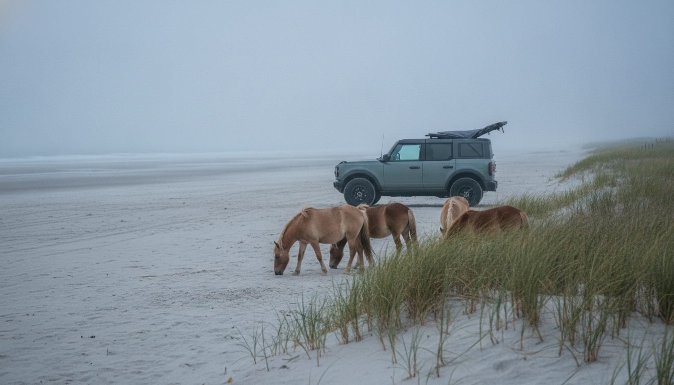 Wild Banker horses grazing on the dune line with a hardtop Bronco far down the Carova beach